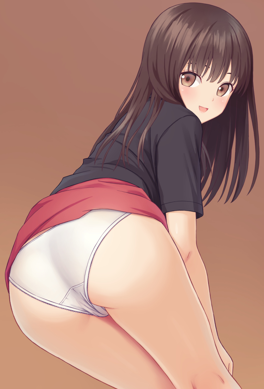 1girl ass brown_background brown_eyes brown_hair cameltoe female_focus highres long_hair looking_at_viewer n.g. open_mouth original panties shirt short_sleeves simple_background smile solo underwear white_panties