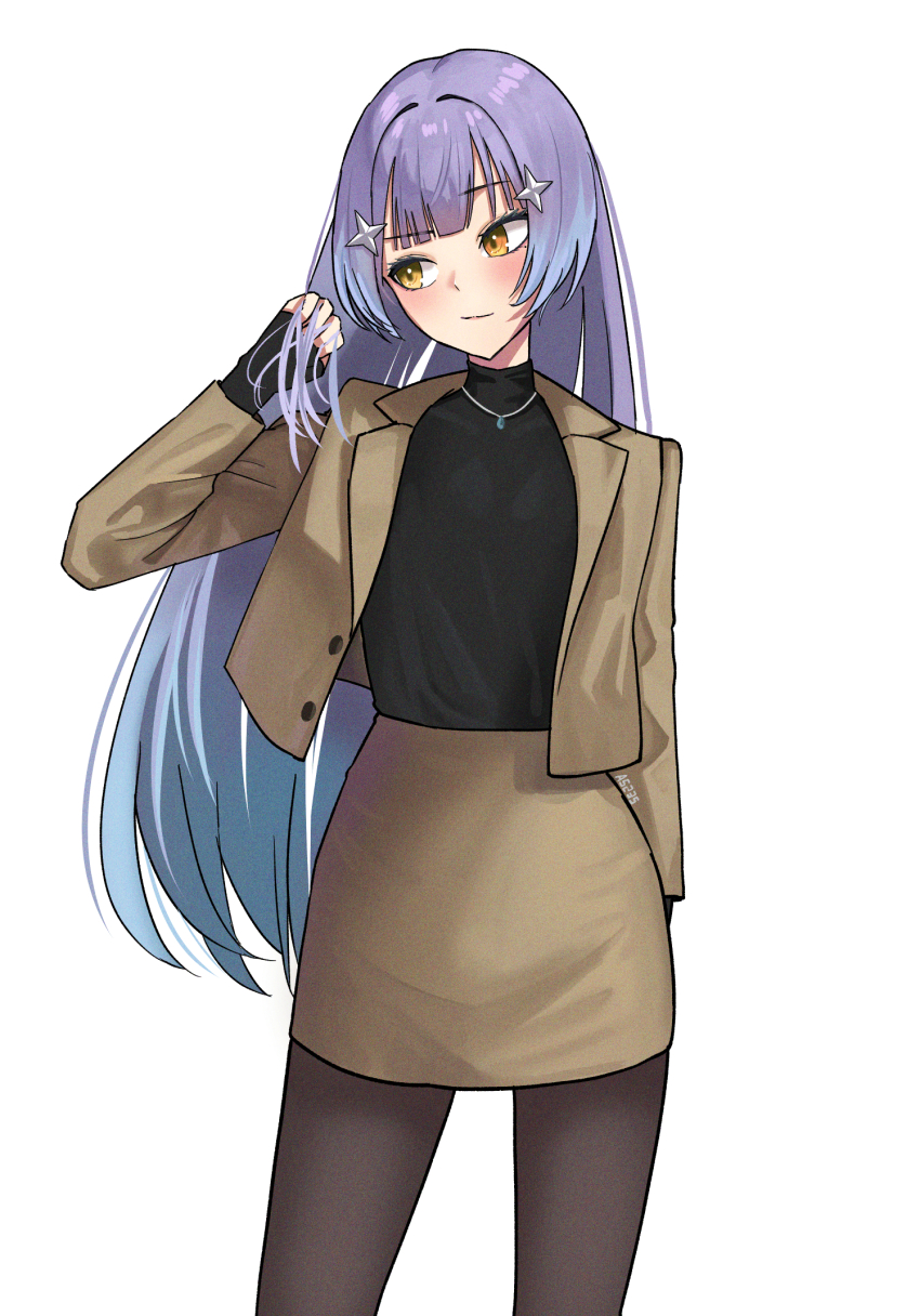 1girl a5235 black_gloves black_shirt blazer blue_hair brown_jacket brown_pantyhose brown_skirt contrapposto cowboy_shot fingerless_gloves gloves grabbing_own_hair gradient_hair hair_ornament head_tilt highres jacket long_hair long_sleeves looking_to_the_side mimi-jjangjjang-seyong miniskirt mole mole_under_eye multicolored_hair open_clothes open_jacket pantyhose pencil_skirt purple_hair raised_eyebrow shirt simple_background skirt solo star_(symbol) star_hair_ornament turtleneck turtleneck_shirt very_long_hair virtual_youtuber waktaverse white_background yellow_eyes