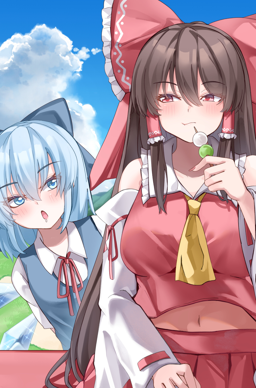 2girls :t absurdres ascot ascot_between_breasts bare_shoulders blue_bow blue_eyes blue_hair blue_sky blue_vest blush bow breasts brown_hair chestnut_mouth cirno closed_mouth cloud collared_shirt commentary_request cowboy_shot cumulonimbus_cloud dango day detached_sleeves drooling eating eyelashes eyes_visible_through_hair food frilled_bow frilled_hair_tubes frilled_shirt_collar frills hair_between_eyes hair_bow hair_tubes hakurei_reimu highres holding holding_food huge_bow ice ice_wings large_breasts long_hair long_sleeves looking_at_another looking_to_the_side mahoro_(minase_mahoro) medium_hair mouth_drool multiple_girls navel neck_ribbon nontraditional_miko open_mouth outdoors peeking_out pleated_skirt red_bow red_ribbon red_shirt red_skirt ribbon ribbon-trimmed_sleeves ribbon_trim sanshoku_dango shirt sidelocks skirt sky sleeveless sleeveless_shirt sparkle straight_hair touhou tsurime upper_body very_long_hair vest wagashi white_shirt wide_sleeves wings yellow_ascot