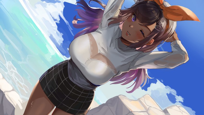 1girl absurdres beach blush breasts commission dark_skin hair_ornament hair_ribbon hairclip highres large_breasts long_hair looking_at_viewer multicolored_hair one_eye_closed open_mouth original ormille purple_eyes purple_hair ribbon skirt sky smile stone sweater tight_clothes turtleneck turtleneck_sweater