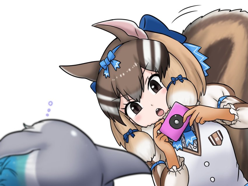 adansosutega animal_costume animal_ears brown_eyes brown_hair common_bottlenose_dolphin_(kemono_friends) kemono_friends kemono_friends_v_project multicolored_hair short_hair siberian_chipmunk_(kemono_friends) virtual_youtuber