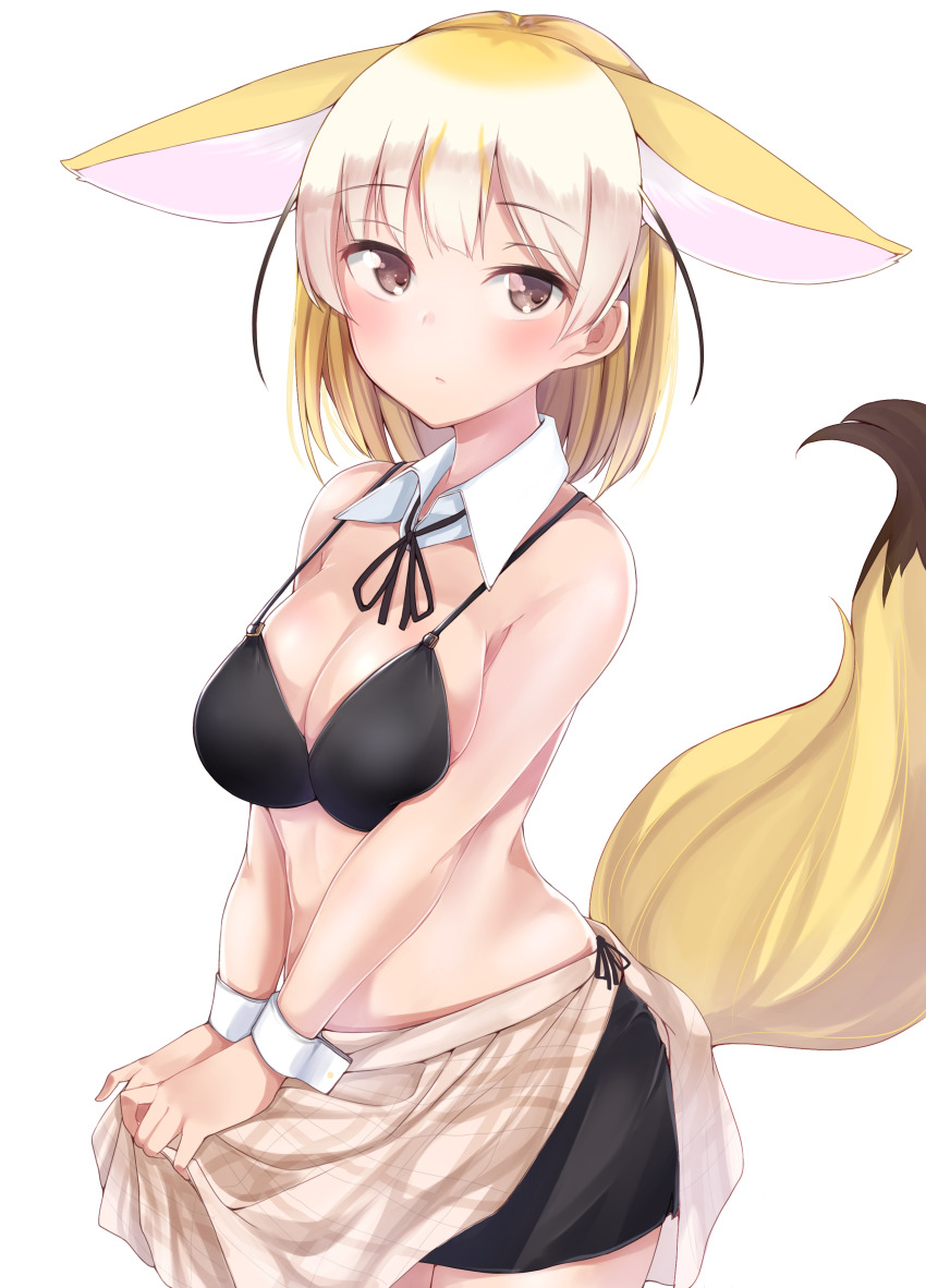 1girl absurdres animal_ears blonde_hair blush breasts brown_eyes cleavage closed_mouth female_focus fennec_(kemono_friends) highres kemono_friends kinou_no_shika large_breasts looking_at_viewer medium_breasts multicolored_hair short_hair solo standing tail white_hair wrist_cuffs