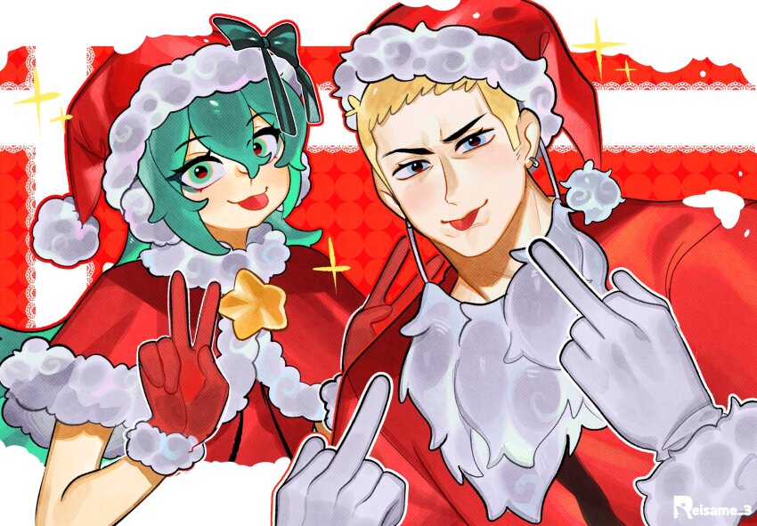 1boy 1girl alternate_costume alternate_hairstyle aqua_eyes aqua_hair blonde_hair eminem fake_beard fake_facial_hair hat hatsune_miku highres pale_skin real_life reisame santa_costume santa_hat smile tongue tongue_out vocaloid