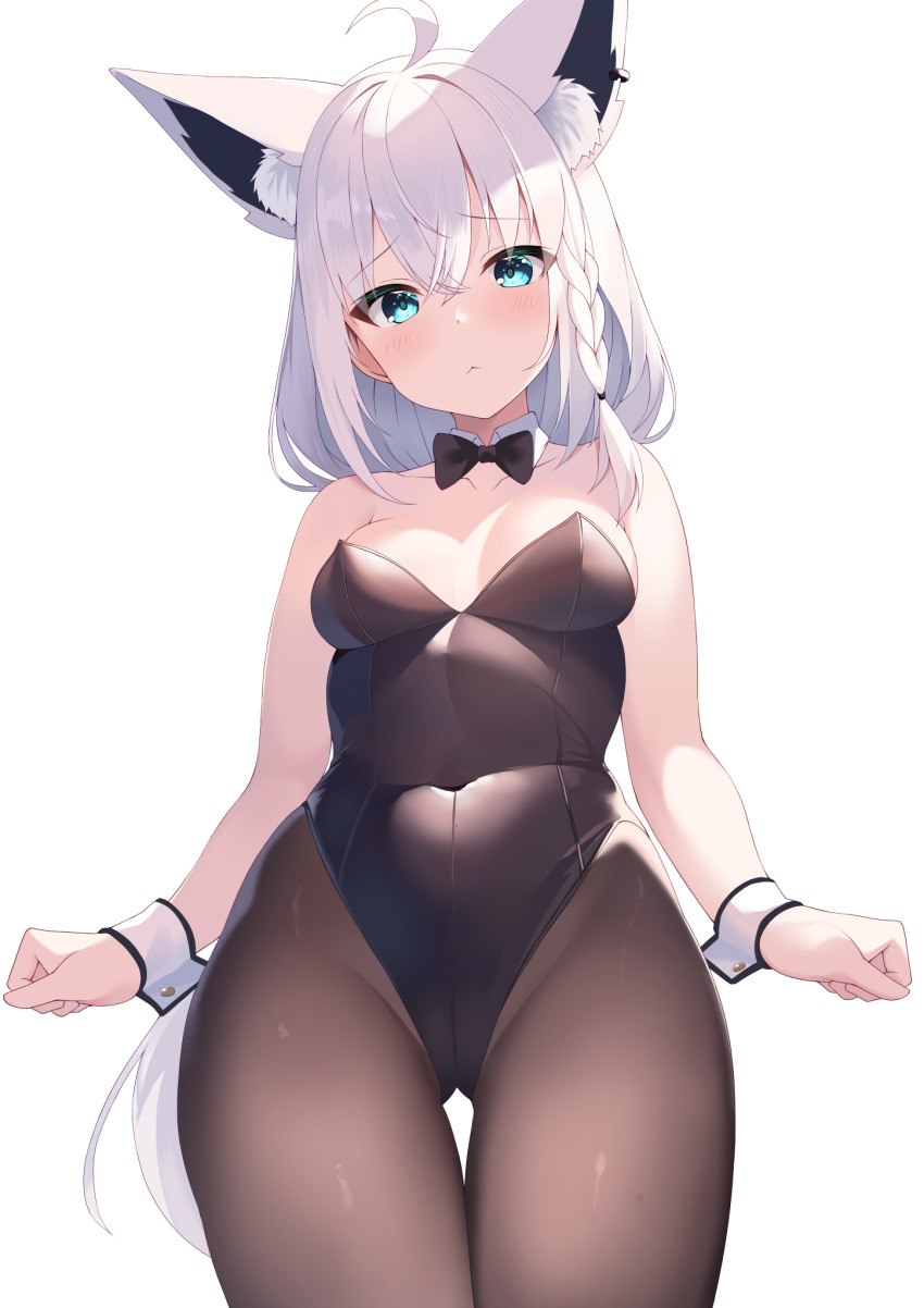 1girl :&lt; ahoge animal_ear_fluff animal_ears black_bow black_bowtie black_leotard black_pantyhose blush bow bowtie braid breasts commentary_request detached_collar earrings extra_ears fox_ears fox_girl green_eyes hair_between_eyes highres hololive jewelry koko_sokodoko leotard long_hair looking_at_viewer pantyhose playboy_bunny shirakami_fubuki sidelocks simple_background single_braid small_breasts solo virtual_youtuber white_background white_hair wrist_cuffs