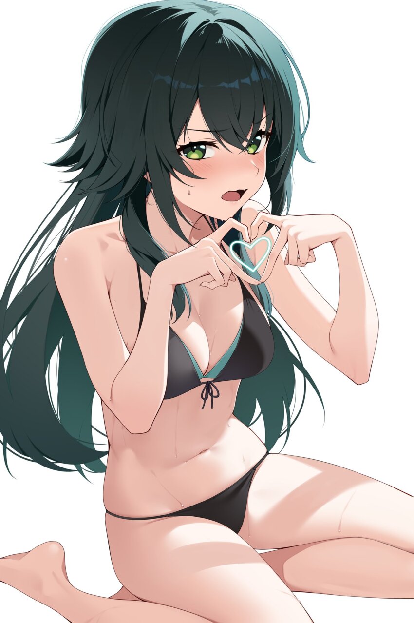 1girl 4-finger_heart_hands bare_shoulders barefoot bikini black_bikini blush breasts cleavage collarbone front-tie_bikini_top front-tie_top gakuen_idolmaster green_eyes green_hair hair_between_eyes hair_flaps hands_up heart heart_hands heart_in_heart_hands highres idolmaster kuen_(kuennn12) long_hair looking_at_viewer navel open_mouth side-tie_bikini_bottom simple_background sitting solo stomach sweat swimsuit tsukimura_temari white_background yokozuwari