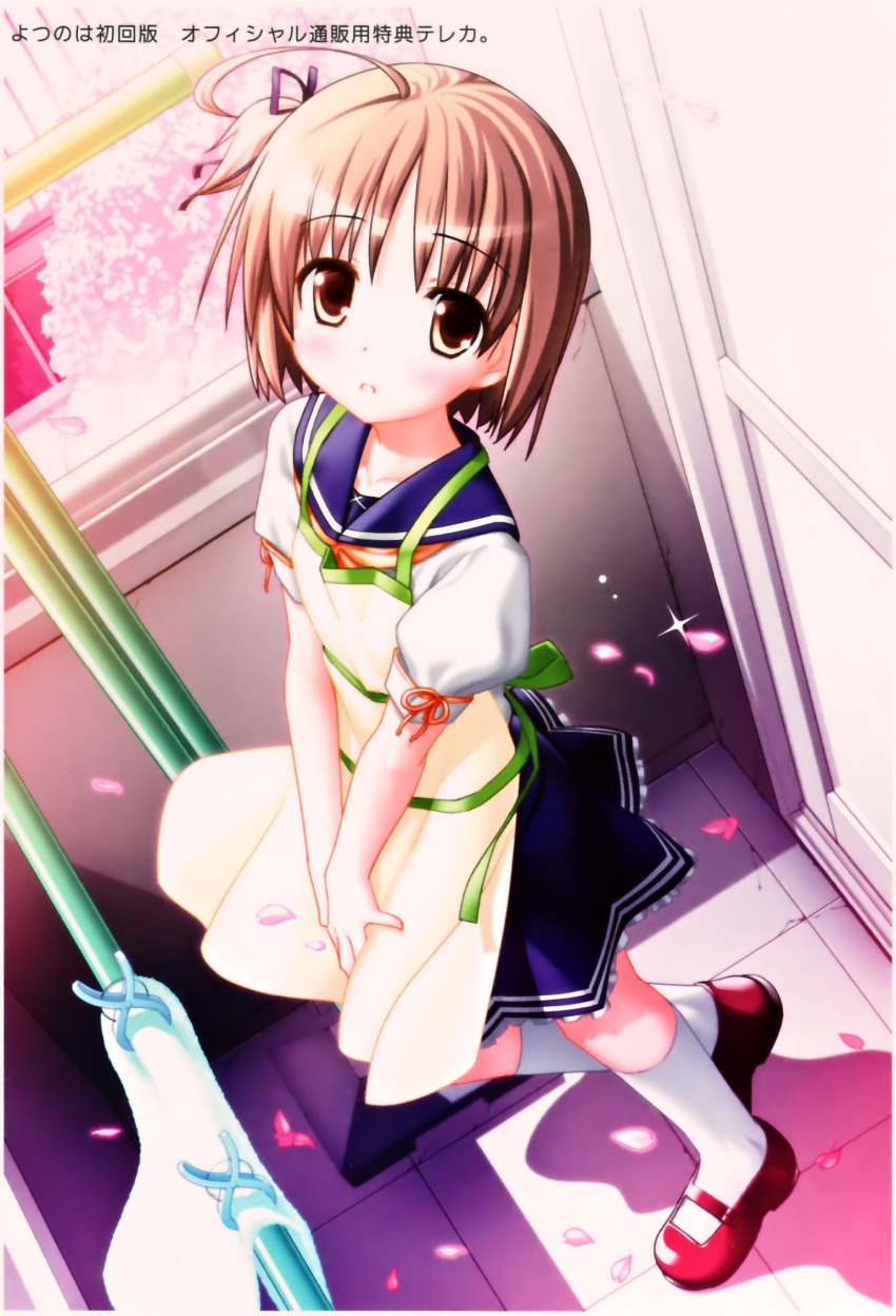 00s ahoge apron brown_eyes brown_hair highres nekomiya_nono school_uniform short_hair side_ponytail white_legwear yotsunoha