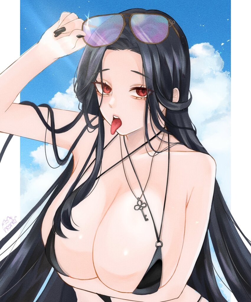 1girl absurdres adjusting_eyewear arm_under_breasts bikini black_bikini black_hair breasts collarbone eyewear_on_head goddess_of_victory:_nikke highres huge_breasts long_hair maiden_(nikke) maiden_(under_the_sun)_(nikke) nono_mkkwii parted_bangs red_eyes sky solo sunglasses swimsuit tongue tongue_out