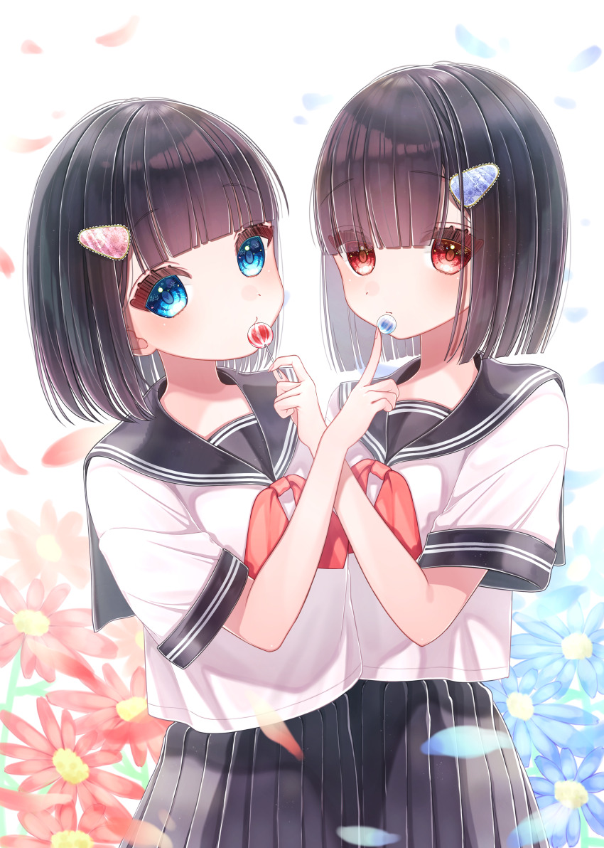 2girls absurdres black_hair black_sailor_collar black_skirt blue_eyes blue_flower blunt_ends blush bob_cut candy clip_studio_paint_(medium) commentary_request flower food hair_ornament highres holding holding_candy holding_food holding_lollipop lollipop looking_at_another multiple_girls original petals pleated_skirt red_eyes red_flower reimei_rei sailor_collar school_uniform serafuku skirt