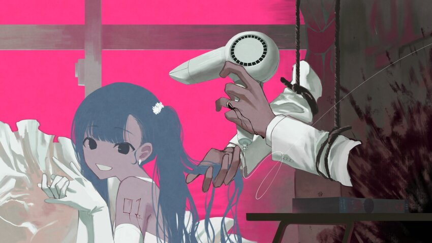 1boy 1girl adjusting_another&#039;s_hair alternate_costume alternate_eye_color bare_shoulders black_eyes bleeding blood blood_on_wall blood_splatter blue_hair body_writing cosplay curtains cuts derivative_work dress drying drying_hair elbow_gloves gloves grin hair_dryer halter_dress halterneck hanging hatsune_miku highres holding holding_hair_dryer indoors injury jewelry long_hair own_hands_together pink_background ring rope severed_arm severed_limb sleeveless sleeveless_dress smile solo table trtmtrn twintails upper_body vocaloid wedding_ring white_dress white_gloves window zuutto_issho_(kitani_tatsuya)