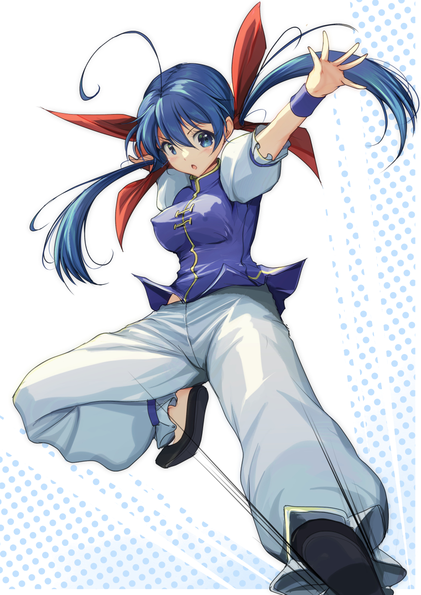 1girl ahoge arms_up blue_eyes blue_hair breasts chinese_clothes covered_erect_nipples fatal_fury futaba_hotaru garou:_mark_of_the_wolves hair_ribbon highres kicking large_breasts low_twintails medium_hair open_mouth pants ribbon serious snk solo the_king_of_fighters tongue twintails