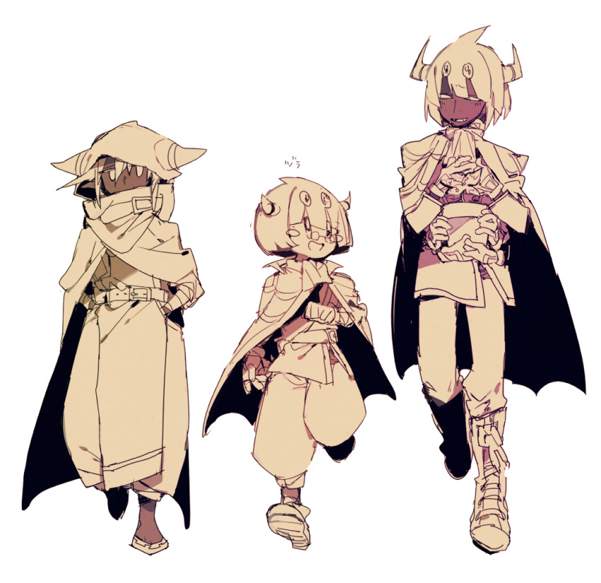 3boys animal_ear_hood ascot baggy_pants bandaged_arm bandages belt belt_buckle belt_collar blunt_bangs blush_stickers bob_cut boots buckle cape child clenched_hand collar collared_cape commentary_request covered_mouth dark-skinned_male dark_skin double-parted_bangs extra_arms fake_animal_ears fangs gear_print glasses gloves hair_between_eyes hands_in_pockets higa423 hood hood_up hooded_jacket if_they_mated jacket kirby_(series) knee_boots long_sleeves looking_at_another magolor male_focus military_uniform multiple_boys nervous_smile nintendo open_mouth pants personification round_eyewear scarf sepia shirt shoes short_hair simple_background smile spider_web_print spiked_pauldrons studded_belt taranza white_background