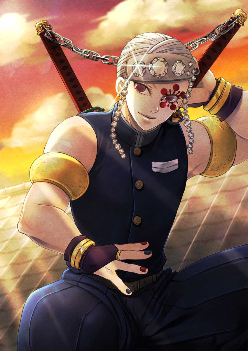 1boy absurdres armlet bracelet bridal_gauntlets cloud cowboy_shot facial_mark gem headband highres holding jewelry kimetsu_no_yaiba lips looking_at_viewer male_focus muscular nail_polish red_eyes ring rooftop seef silver_hair smile solo uzui_tengen