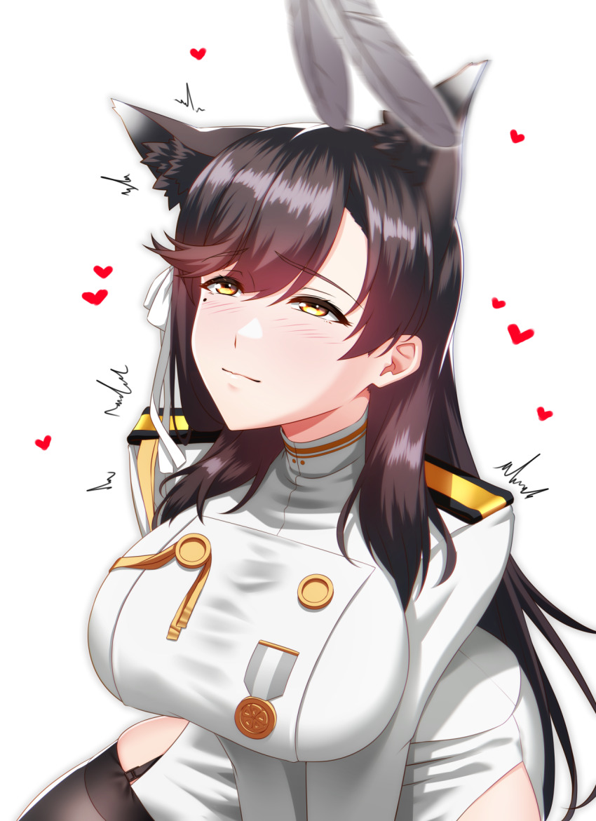 1girl animal_ears atago_(azur_lane) azur_lane black_hair black_thighhighs breasts commentary_request commission dog_ears dog_girl epaulettes extra_ears feathers garter_straps heart highres jacket kagiyama_(clave) large_breasts long_hair long_sleeves looking_up medal military_jacket mole mole_under_eye pixiv_commission simple_background skindentation skirt smile solo_focus thighhighs white_background white_jacket white_skirt yellow_eyes