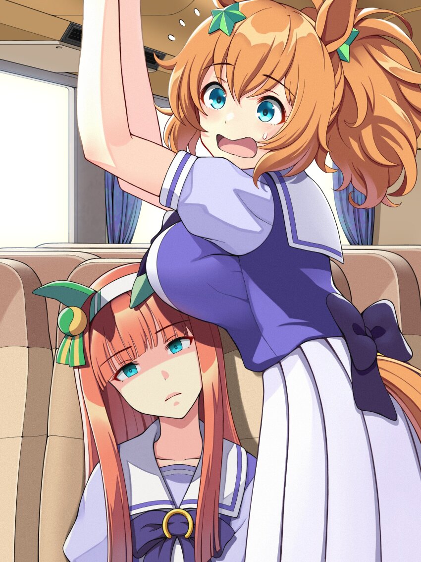 2girls absurdres animal_ears arms_up breast_envy breasts bumping bus_interior closed_mouth commentary_request headband highres horse_ears horse_girl large_breasts long_hair looking_at_viewer medium_hair multiple_girls orange_hair school_uniform shaded_face silence_suzuka_(umamusume) sitting standing sweat sweatdrop taiki_shuttle_(umamusume) tracen_school_uniform tussy umamusume