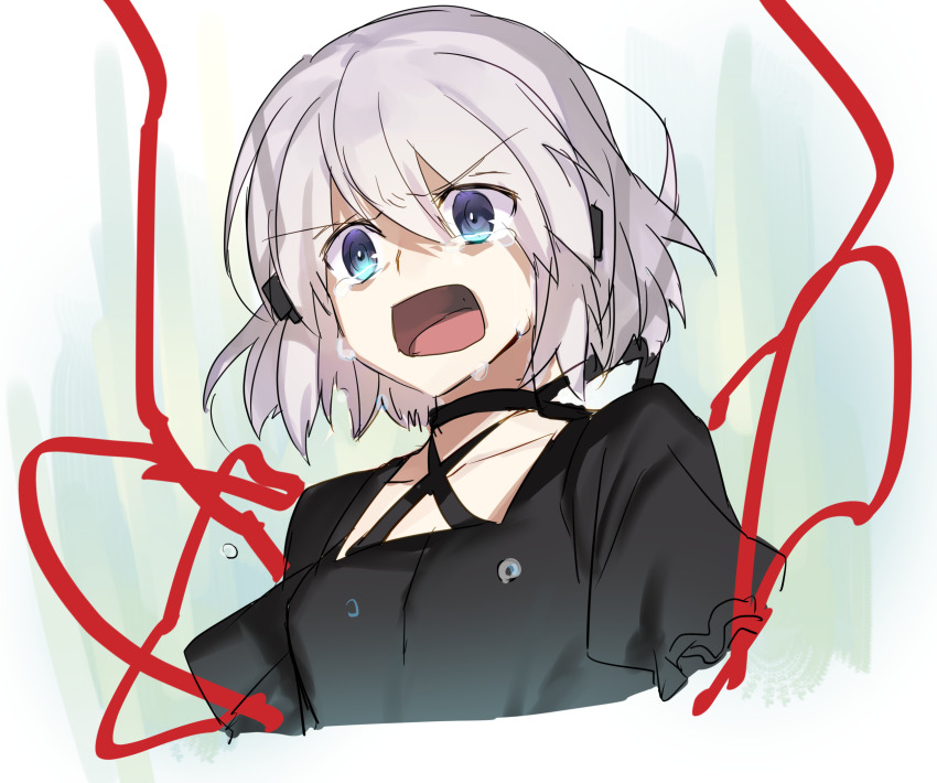 1girl alternate_eye_color angry black_choker black_dress blue_eyes choker commentary_request criss-cross_halter cropped_torso crying crying_with_eyes_open dress eyes_visible_through_hair grey_hair hair_between_eyes halterneck highres kagari_(rewrite) looking_at_viewer nikame open_mouth puffy_short_sleeves puffy_sleeves red_ribbon rewrite ribbon sad short_hair short_sleeves sketch solo takeuchi_takashi_(style) tears upper_body v-shaped_eyebrows