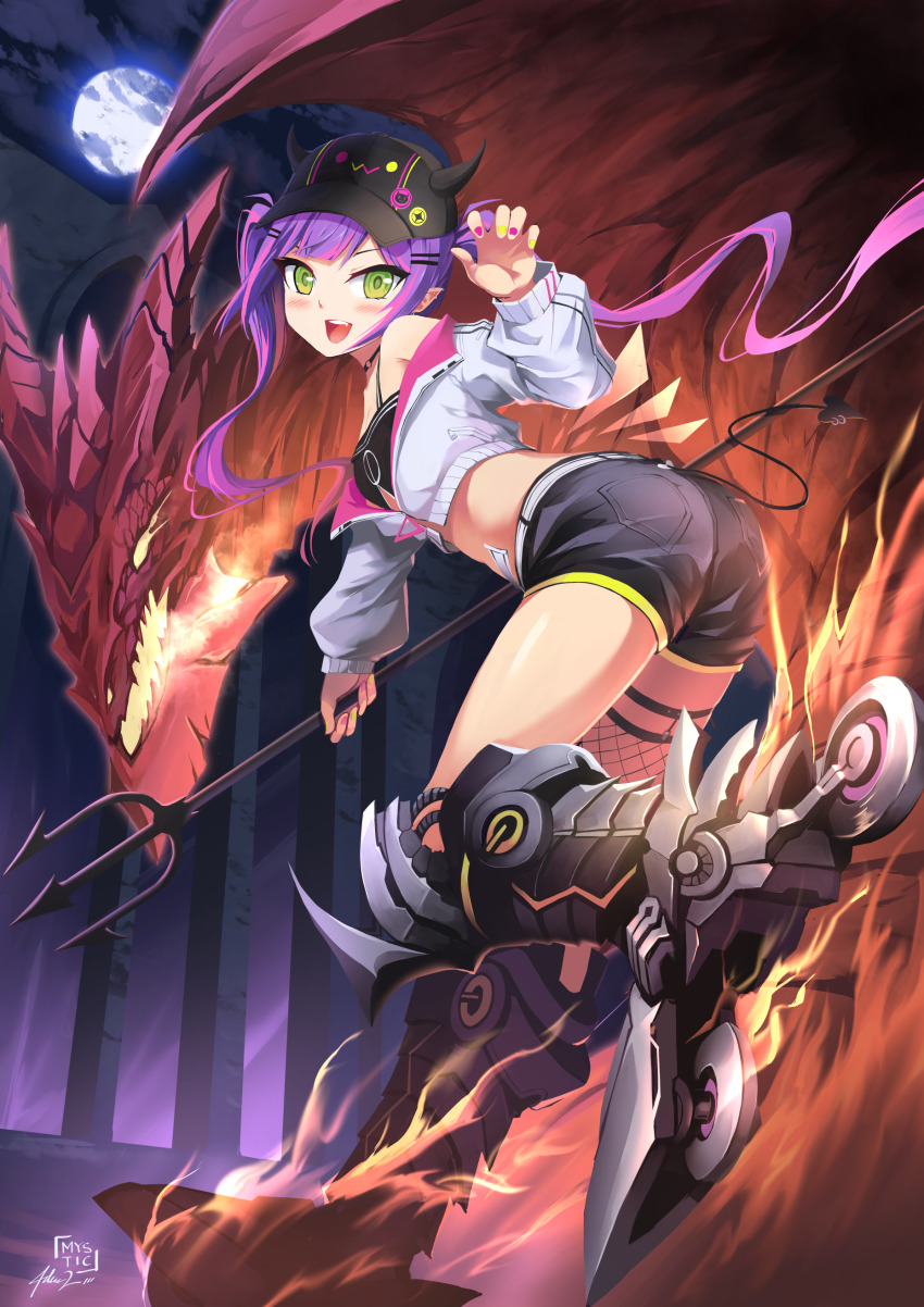 1girl absurdres ass commentary demon_tail dragon english_commentary green_eyes hat highres hololive long_hair looking_at_viewer midriff moon mystic-san nail_polish night open_mouth purple_hair shorts solo tail tokoyami_towa twintails virtual_youtuber weapon