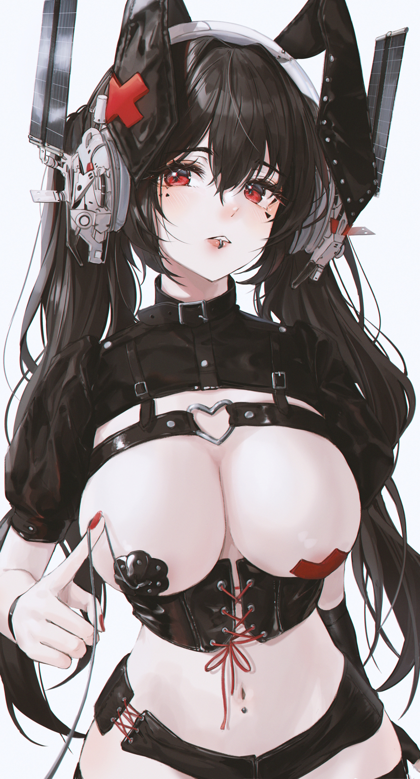 1girl absurdres animal_ears areola_slip bbeedol black_choker black_gloves black_hair black_shirt black_theme breasts chest_harness choker cleavage clothing_cutout cowboy_shot crop_top elbow_gloves fake_animal_ears fingerless_gloves framed_breasts gloves harness headphones highres large_breasts lip_piercing long_hair looking_at_viewer micro_shorts midriff mole mole_under_eye mouth_piercing nail_polish navel navel_piercing original pasties piercing rabbit_ears red_eyes red_nails revealing_clothes satellite shirt short_sleeves shorts side_cutout single_glove solo stomach twintails wristband