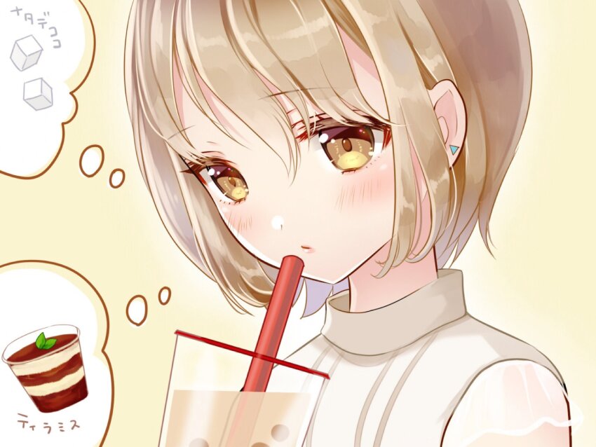 1girl blush bubble_tea closed_mouth commentary_request cup disposable_cup drinking_straw earrings food high_collar holding holding_cup jewelry light_brown_hair nata_de_coco original pudding shirt short_hair solo speech_bubble spoken_food stud_earrings thought_bubble translated triangle_earrings upper_body white_shirt yellow_background yellow_eyes yugaa