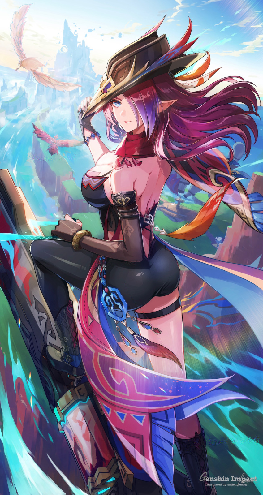 1girl ass asymmetrical_clothes bare_shoulders blue_eyes boots breasts chasca_(genshin_impact) from_behind genshin_impact gloves hair_over_one_eye hat large_breasts long_hair looking_at_viewer pants pointy_ears red_hair sideboob silencio smile solo very_long_hair