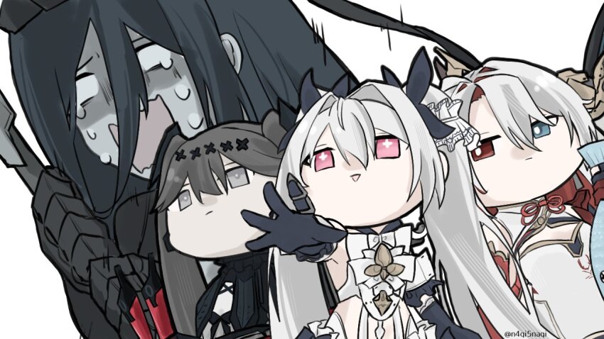 4girls alpha_(pgr) black_dress black_gloves black_hair black_ribbon blue_eyes character_request chibi china_dress chinese_clothes colored_inner_hair colored_skin cross-shaped_pupils crying crying_with_eyes_open dress gloves grey_eyes grey_hair grey_skin hair_between_eyes hair_intakes hair_ornament hair_ribbon hair_tubes heterochromia holding holding_polearm holding_weapon lamia_(npc)_(pgr) lamia_(pgr) long_bangs long_hair lucia:_crimson_weave_(pgr) luna:_oblivion_(pgr) luna_(pgr) mechanical_arms multicolored_hair multiple_girls n4gi5nagi polearm punishing:_gray_raven red_eyes red_hair ribbon symbol-shaped_pupils tears twitter_username weapon white_dress x_hair_ornament