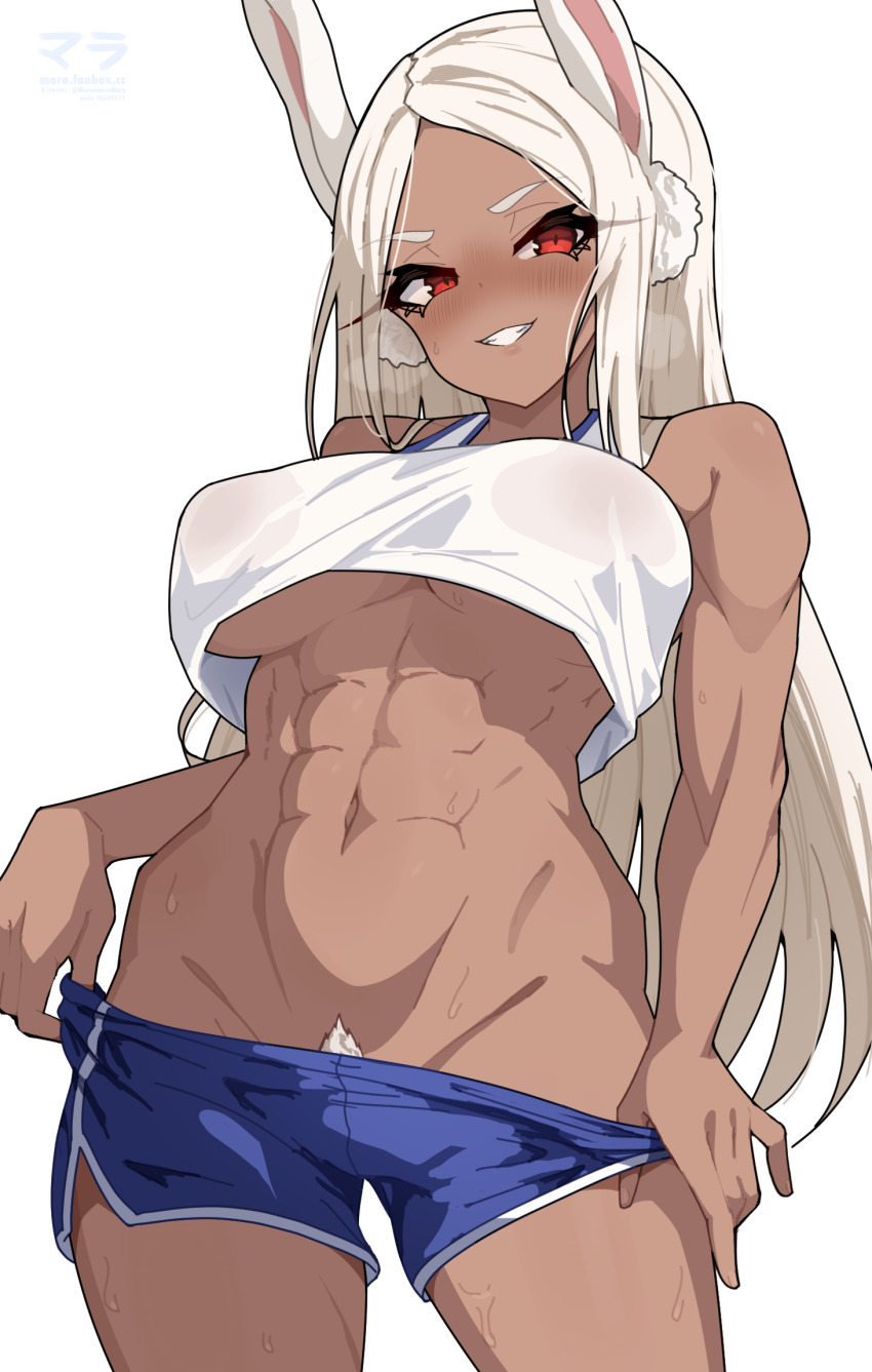 1girl abs animal_ears blue_shorts blush boku_no_hero_academia breasts breath clothes_pull covered_erect_nipples crop_top dark-skinned_female dark_skin dolphin_shorts fanbox_username female_pubic_hair finger_under_clothes highres large_breasts long_eyelashes long_hair looking_at_viewer matsumaramara mirko navel parted_bangs pubic_hair pubic_hair_peek pulling_own_clothes rabbit_ears rabbit_girl red_eyes short_shorts shorts shorts_pull simple_background smile solo stomach sweat tank_top thighs toned_female underboob very_long_hair white_background white_hair white_pubic_hair white_tank_top