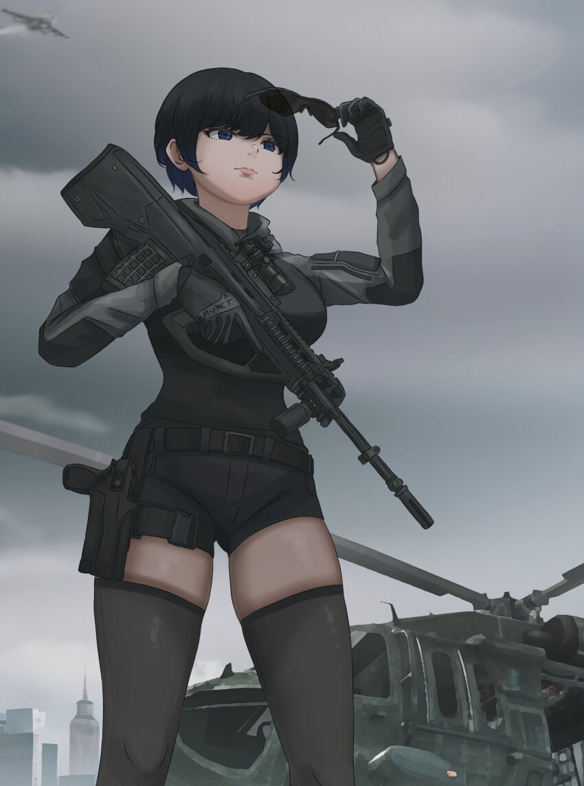 1girl absurdres aircraft airplane assault_rifle belt black_belt black_gloves black_hoodie black_shorts black_thighhighs building bullpup closed_mouth cloud cloudy_sky commentary dgkamikaze english_commentary fighter_jet gloves gun hand_up handgun helicopter highres holding holding_gun holding_weapon holster hood hoodie jet long_sleeves military_vehicle original pistol removing_eyewear rifle second-party_source shorts sky skyscraper solo standing steyr_aug steyr_aug_a3 sunglasses thighhighs uh-60_blackhawk weapon