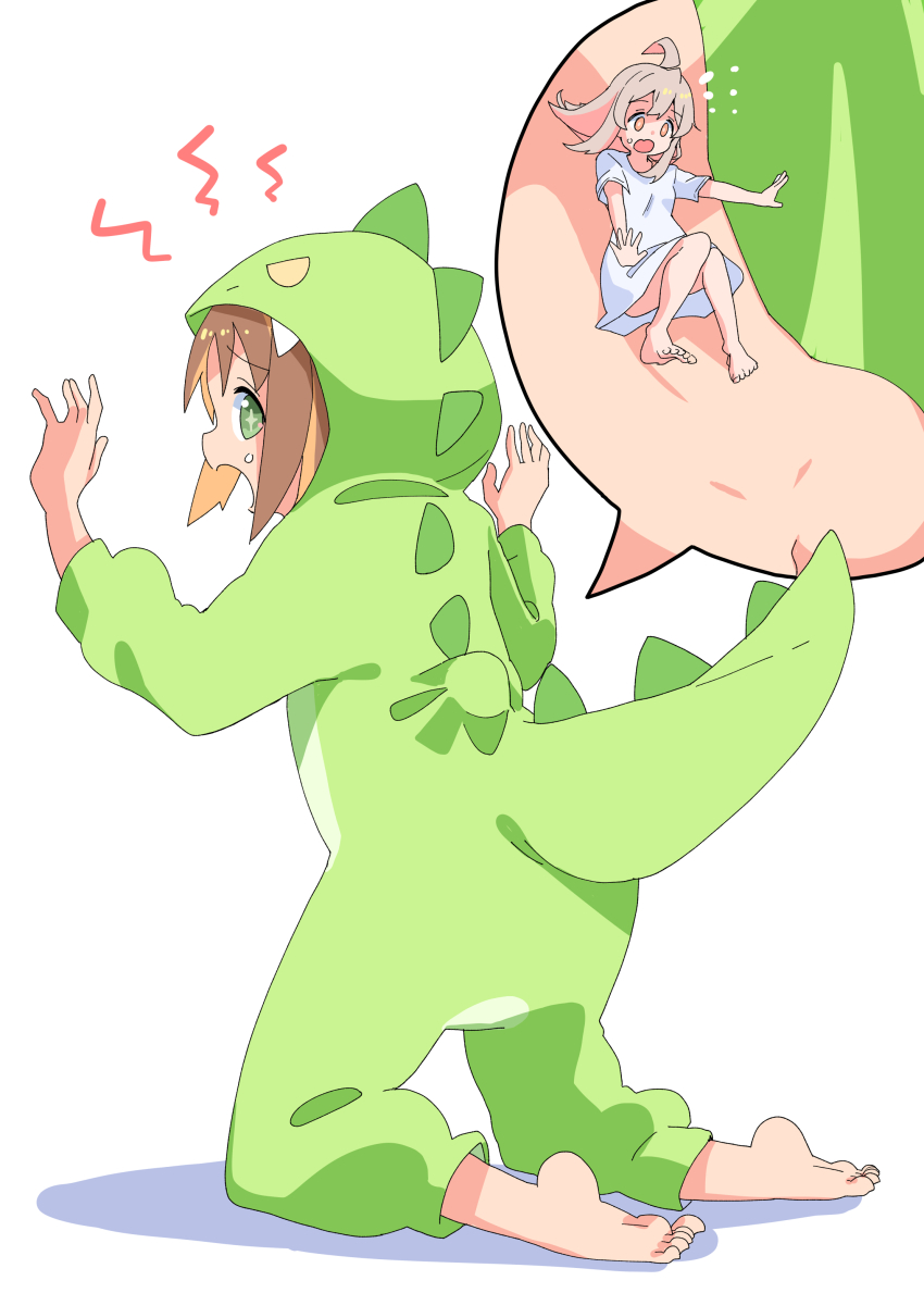 +_+ 2girls absurdres ahoge ass_peek back barefoot brown_eyes brown_hair butt_crack commentary_request dinosaur_costume flying_sweatdrops full_body fuyuno_mikan green_eyes highres kneeling long_hair long_sleeves mini_person minigirl multiple_girls no_pants oka_asahi onesie onii-chan_wa_oshimai! open_mouth oyama_mahiro profile shirt short_sleeves size_difference sliding sweatdrop symbol-shaped_pupils t-shirt white_shirt