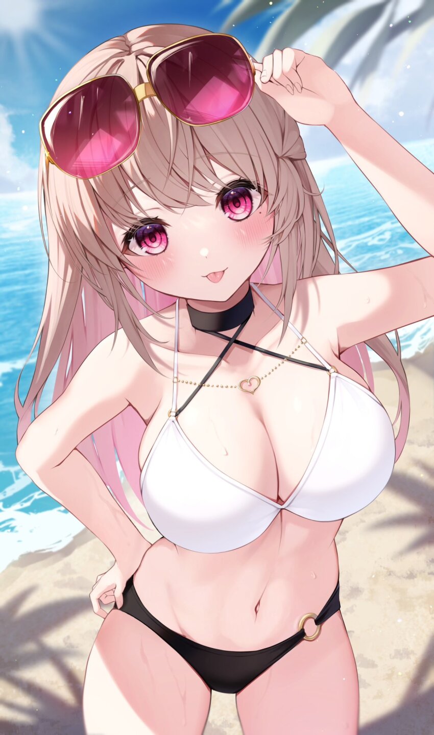 1girl adjusting_eyewear arm_up ayaginu_temari bare_shoulders beach bikini blush breasts brown_hair cleavage collarbone commentary_request commission cowboy_shot day eyewear_on_head hand_on_own_hip highres isekai_tensei_shite_v_ni_narimashita large_breasts long_hair looking_at_viewer mole mole_under_eye multi-strapped_bikini navel ocean outdoors purple-tinted_eyewear second-party_source skeb_commission solo standing stomach sun sunglasses swimsuit tinted_eyewear tongue tongue_out tyabesu virtual_youtuber