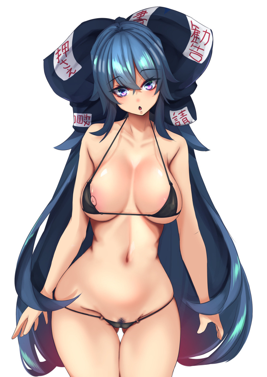 1girl :o backlighting bare_shoulders bikini black_bikini blue_bow blue_hair blurry bow breasts cowboy_shot crossed_bangs dark_blue_hair debt depth_of_field female_pubic_hair gluteal_fold groin hair_between_eyes hair_bow heart highres large_breasts long_hair looking_at_viewer navel nipple_slip nipples open_mouth panties panty_pull pink_eyes pubic_hair sidelocks simple_background solo stomach swimsuit textless_version touhou underwear very_long_hair white_background yorigami_shion yukito_(dreamrider)