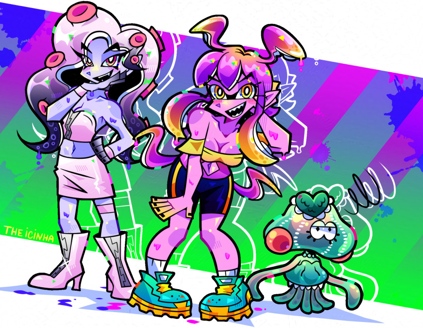 3girls bare_shoulders black_hair blonde_hair boots brown_eyes collarbone fangs fusion gradient_hair high_heel_boots high_heels highres jelonzo_(splatoon) long_hair looking_at_viewer marina_(omori) marina_(splatoon) medusa_(omori) molly_(omori) monster_girl multicolored_hair multiple_girls nintendo ojou-sama_pose omori pink_hair red_eyes skirt slime_girl splatoon_(series) splatoon_2 tentacle_hair theicinha white_hair white_skirt