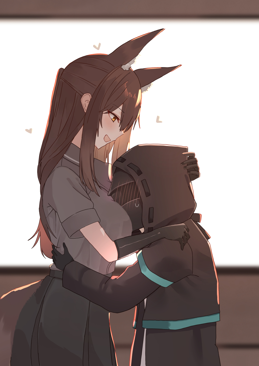 1girl 1other :d absurdres ambiguous_gender animal_ears arknights black_gloves black_jacket black_skirt blurry blurry_background blush breasts brown_eyes brown_hair collared_shirt commentary_request doctor_(arknights) face_to_breasts fox_ears fox_girl fox_tail franka_(arknights) from_side gloves grey_shirt hand_on_another&#039;s_head hand_on_another&#039;s_shoulder hands_on_another&#039;s_waist heart height_difference highres hood hood_up jacket large_breasts long_sleeves looking_at_another open_mouth pleated_skirt ponytail shirt short_sleeves sidelocks skirt smile suzubotan tail