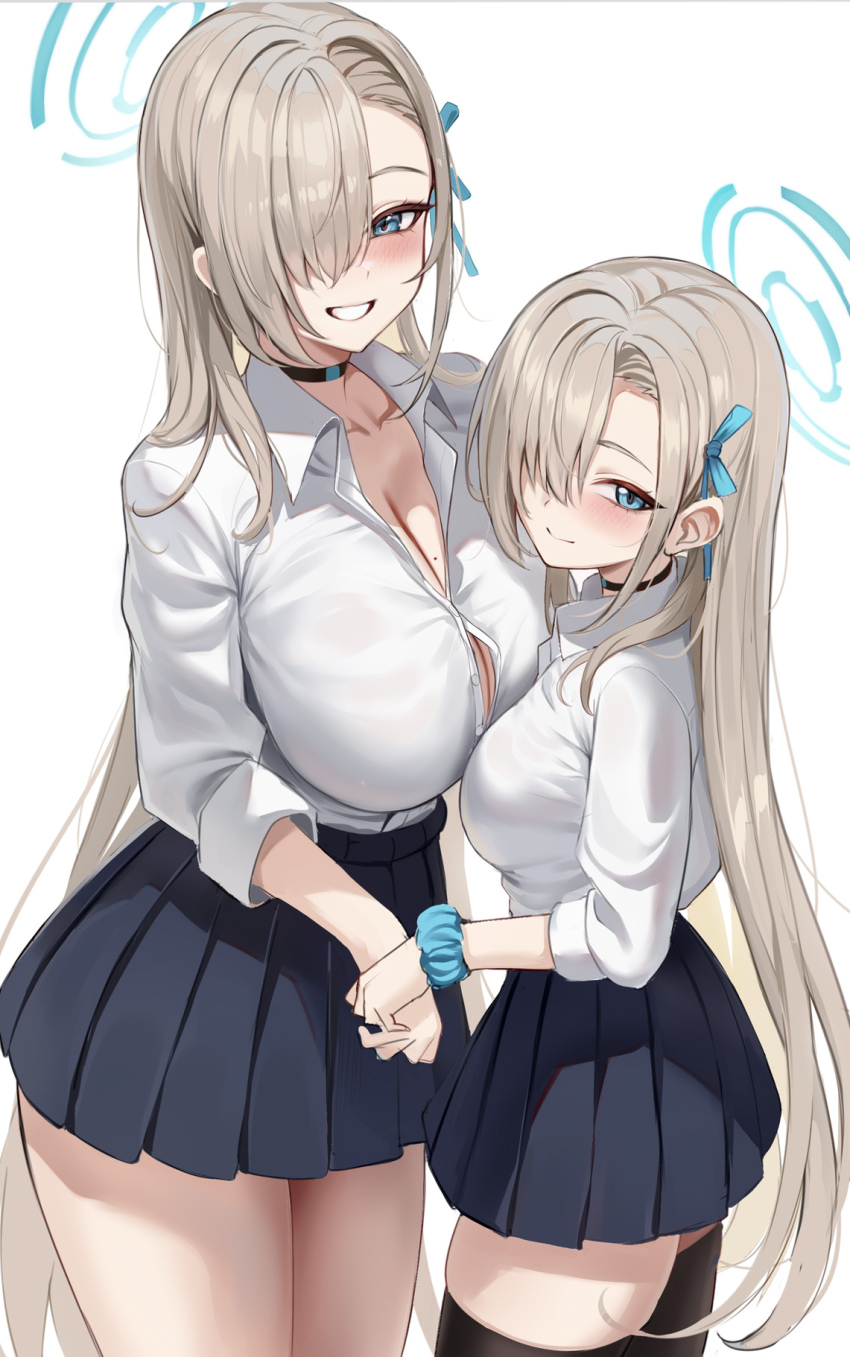 2girls aged_down asuna_(blue_archive) asuna_(school_uniform)_(blue_archive) black_thighhighs blue_archive blue_eyes blue_halo blue_ribbon blue_skirt blush breasts brown_hair choker cleavage collarbone commentary dual_persona hair_over_one_eye hair_ribbon halo highres holding_hands huge_breasts long_hair looking_at_viewer multiple_girls official_alternate_costume pleated_skirt ribbon scrunchie shirt skirt sleeves_rolled_up smile stone_(ksorede) symbol-only_commentary thighhighs thighs very_long_hair white_shirt wrist_scrunchie