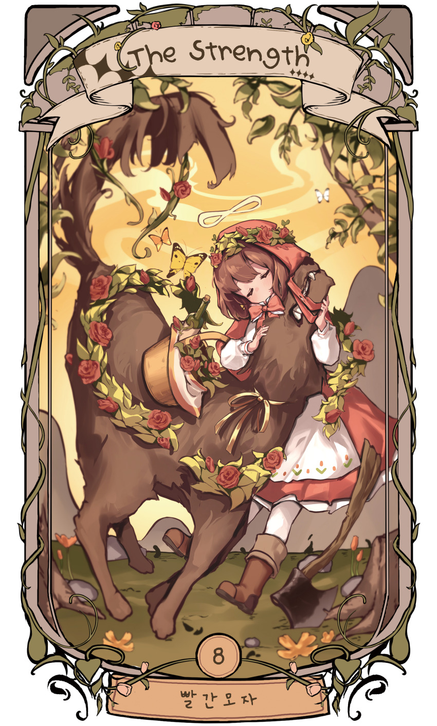 1girl absurdres apron axe big_bad_wolf boots brown_footwear brown_hair capelet card_(medium) closed_eyes closed_mouth commentary_request cymlim dress english_text engrish_text flower grass halo head_wreath highres hood hooded_capelet korean_commentary korean_text little_red_riding_hood little_red_riding_hood_(grimm) medium_hair neck_ribbon outdoors pantyhose ranguage red_capelet red_dress ribbon strength_(tarot) tarot tarot_(medium) translation_request white_apron white_pantyhose yellow_flower yellow_ribbon