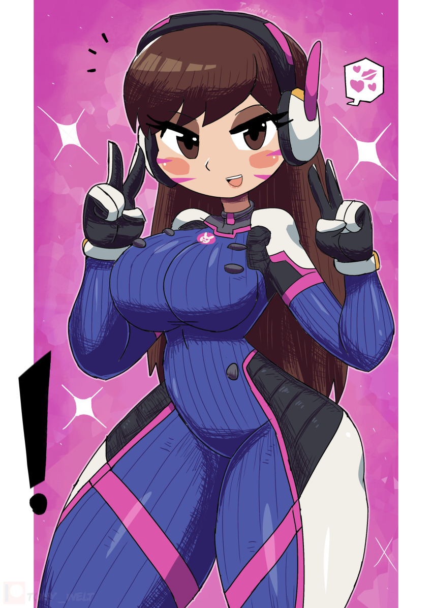 ! 1girl animal_print blizzard_(company) blue_bodysuit blush bodysuit breasts brown_eyes brown_hair d.va_(overwatch) facial_mark gloves headset heart large_breasts long_hair looking_at_viewer open_mouth overwatch overwatch_1 pink_background print_bodysuit rabbit_print smile sparkle speech_bubble spoken_heart spoken_kiss spoken_lipstick_mark standing teeth thick_thighs thighs tony_welt whisker_markings white_gloves wide_hips