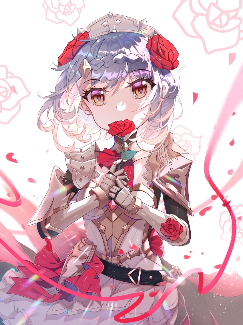 absurdres apron armor ascot belt blurry braid breastplate brown_eyes depth_of_field detached_collar falling_petals flower gauntlets genshin_impact grey_hair hair_flower hair_ornament highres holding holding_flower maid maid_apron maid_headdress noelle_(genshin_impact) petals red_flower red_rose rose shoulder_armor single_braid viclim-monou white_background wind