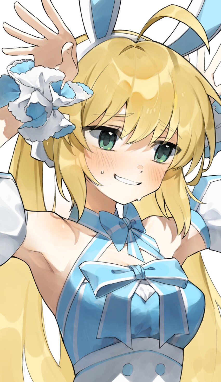 1girl ahoge animal_ear_hairband animal_ears armpits arms_up artoria_caster_(fate) artoria_caster_(swimsuit_berserker)_(fate) artoria_caster_(swimsuit_berserker)_(second_ascension)_(fate) artoria_pendragon_(fate) bare_shoulders blonde_hair blue_bow blue_bowtie blue_dress blush bow bowtie criss-cross_halter detached_sleeves dress embarrassed facing_viewer fake_animal_ears fate/grand_order fate_(series) green_eyes hair_between_eyes hairband halter_dress halterneck highres long_hair looking_to_the_side nervous_smile nervous_sweating puffy_detached_sleeves puffy_sleeves rabbit_ear_hairband rabbit_ears rabbit_pose simple_background smile solo striped_bow striped_bowtie striped_clothes striped_dress sweat twintails upper_body vertical-striped_clothes vertical-striped_dress white_background white_sleeves white_wrist_cuffs wrist_cuffs yamabuki_otk