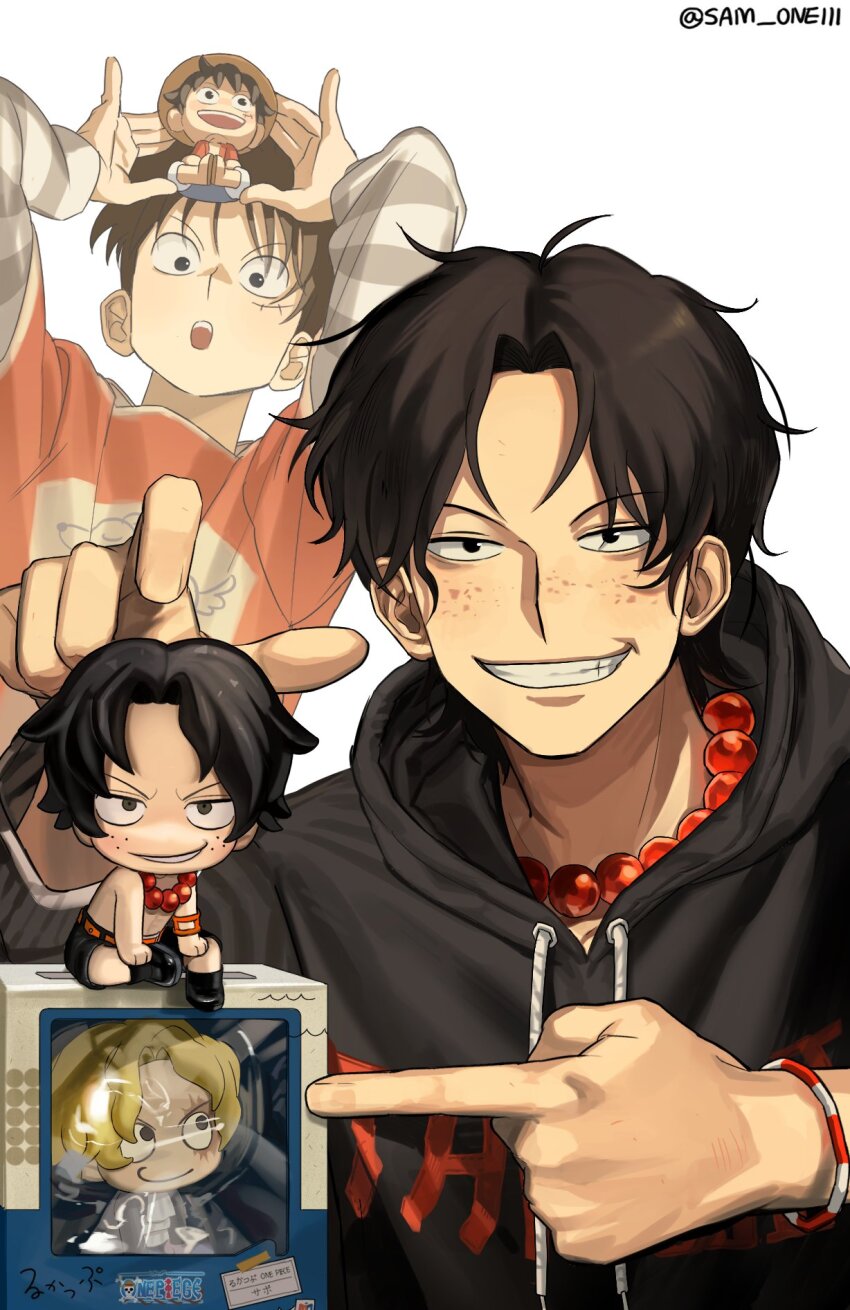 3boys black_hair black_hoodie blonde_hair bracelet brothers doll freckles highres hood hoodie jewelry long_sleeves looking_at_viewer male_focus monkey_d._luffy multiple_boys necklace one_piece pearl_necklace pointing portgas_d._ace sabo_(one_piece) sam_one111 scar scar_on_face siblings simple_background smile twitter_username white_background