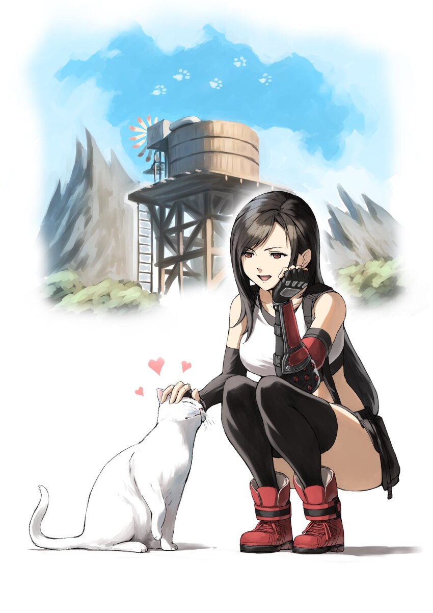 1girl animal bare_shoulders black_gloves black_hair black_skirt black_thighhighs blue_sky boots breasts cat cat_day cloud cloudy_sky commentary crop_top elbow_gloves elbow_rest final_fantasy final_fantasy_vii final_fantasy_vii_remake fingerless_gloves full_body gloves hand_on_own_face head_rest headpat heart highres large_breasts long_hair looking_at_another maru_(ff7) midriff miniskirt mountain nibelheim open_mouth outdoors red_boots red_eyes single_arm_guard single_sidelock skirt sky squatting suspender_skirt suspenders swept_bangs tank_top thighhighs thighs tifa_lockhart water_tank water_tower white_cat white_fur white_tank_top zupakyo