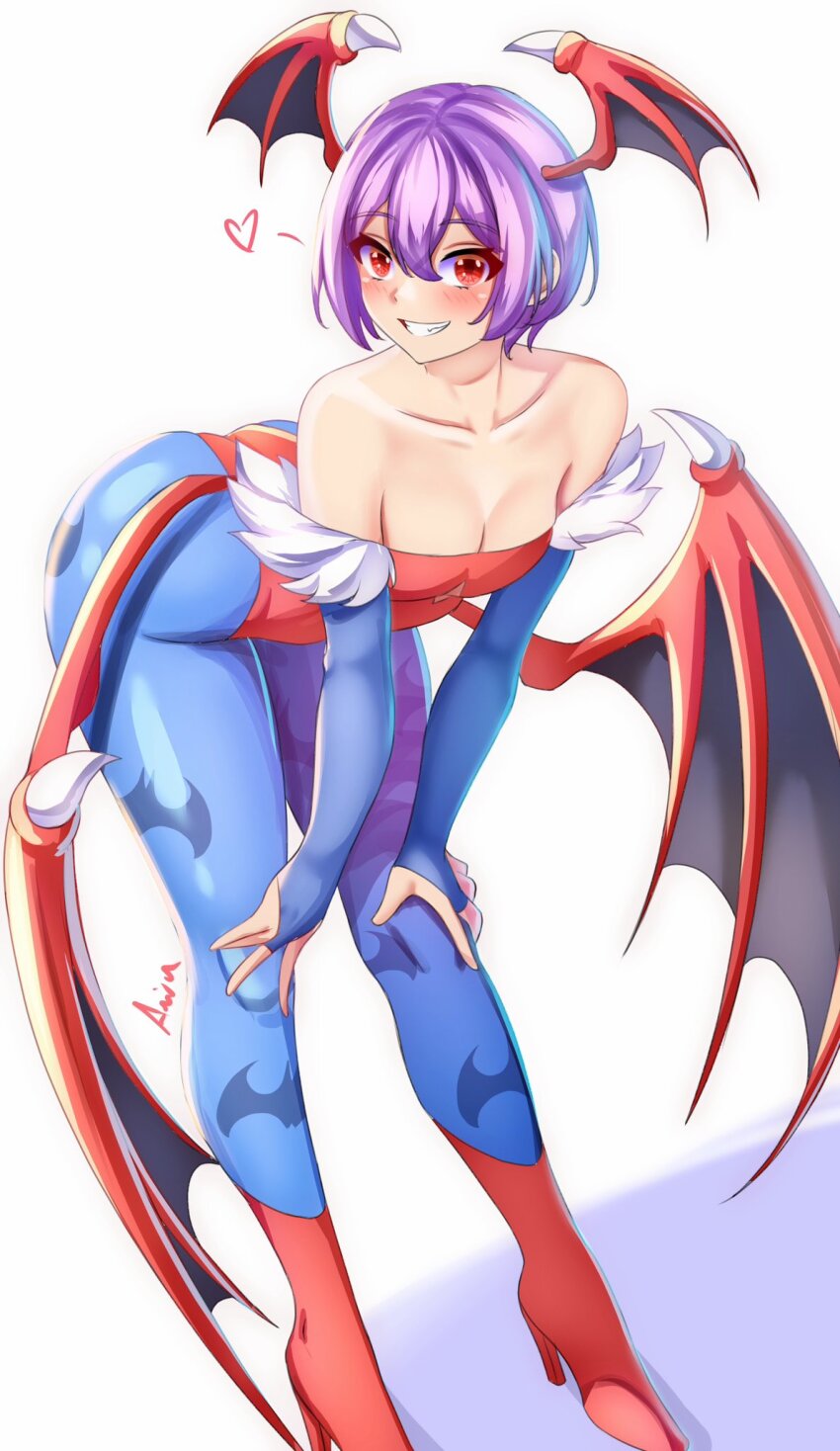 1girl anisdrawn bare_shoulders bent_over blue_pantyhose blush bridal_gauntlets collarbone grin head_wings heart high_heels highres leotard lilith_(darkstalkers) looking_at_viewer off-shoulder_leotard pantyhose purple_hair red_eyes red_footwear red_leotard short_hair simple_background smile solo thighs darkstalkers white_background wings