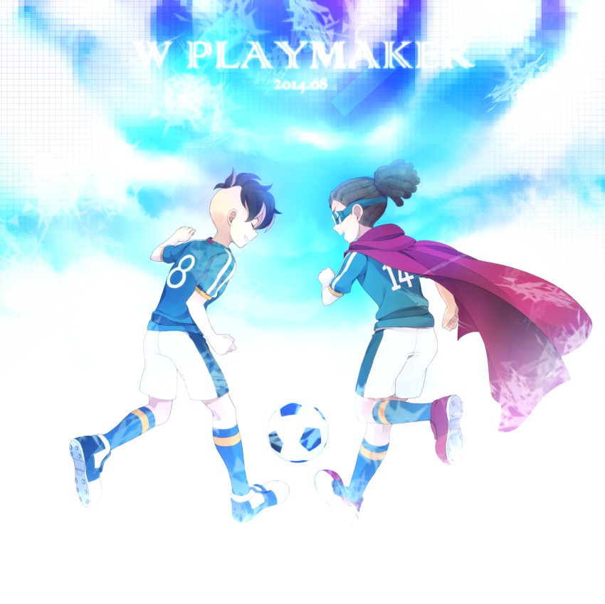 2boys ball brown_hair cape dreadlocks closed_eyes fudou_akio goggles grin highres inazuma_eleven inazuma_eleven_(series) inazuma_japan kidou_yuuto male_focus mohawk multicolored_hair multiple_boys open_mouth saku_anna smile soccer_ball soccer_uniform sportswear telstar two-tone_hair white_hair