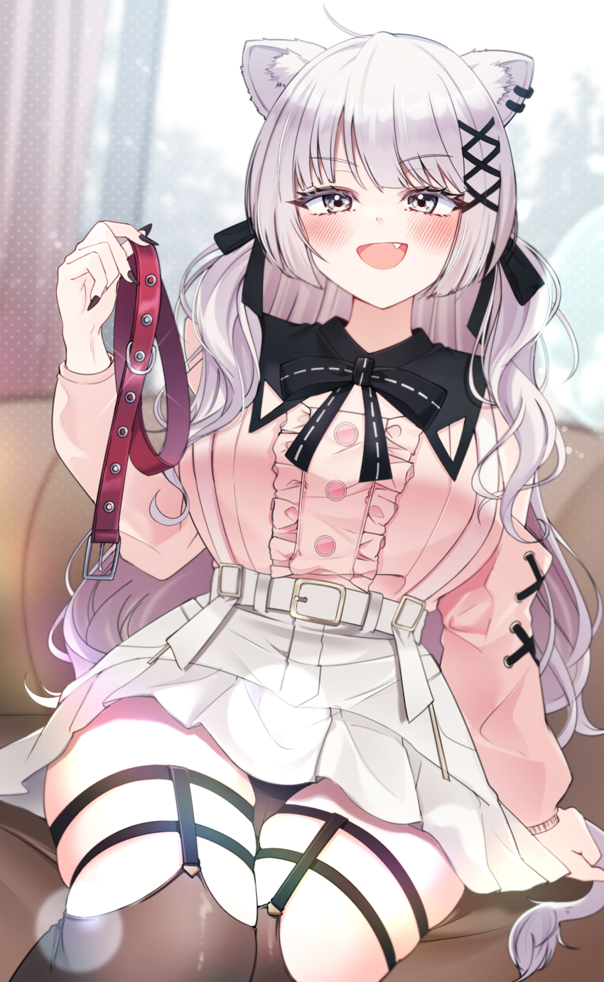 1girl :d absurdres animal_ear_piercing animal_ears arm_support belt black_bow black_bowtie black_nails black_thighhighs blunt_bangs blunt_sidelocks blurry blurry_background blush bow bowtie breasts buttons center_frills clothing_cutout couch cross-laced_clothes cross-laced_sleeves depth_of_field detached_collar fang fingernails frilled_skirt frills grey_eyes grey_hair hair_ornament high-waist_skirt highres holding holding_belt hololive indoors jirai_kei large_breasts legwear_garter lion_ears lion_girl lion_tail long_fingernails long_hair long_sleeves looking_at_viewer miniskirt nail_polish official_alternate_costume official_alternate_hairstyle on_couch open_mouth pink_shirt puritan_collar sharp_fingernails shirt shishiro_botan shishiro_botan_(jirai_kei) shoulder_cutout sitting skindentation skirt smile solo suspender_skirt suspenders swept_bangs tail thick_thighs thigh_strap thighhighs thighs todalbok106 two_side_up virtual_youtuber wavy_hair white_belt white_skirt x_hair_ornament