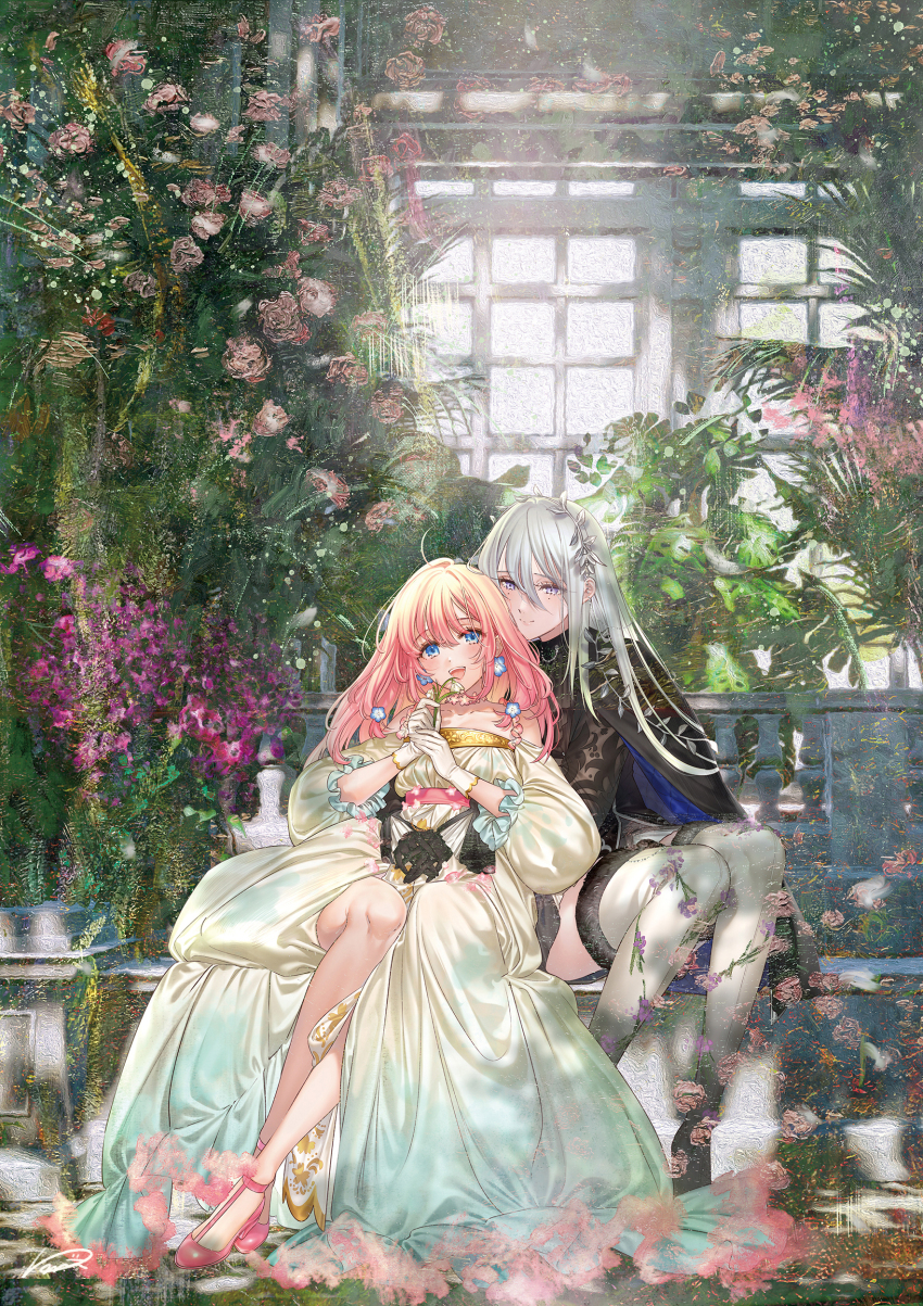 2girls :d absurdres black_cape blonde_hair blue_eyes boots cape dress floral_print flower frilled_dress frills fur-trimmed_thighhighs fur_trim gloves grey_hair hair_flower hair_ornament head_wreath high_heels highres holding holding_flower kippu long_dress long_hair long_sleeves mole mole_under_eye multiple_girls open_mouth original pink_shoes plant print_thighhighs puffy_long_sleeves puffy_sleeves purple_eyes railing shoes signature sitting smile teeth thigh_boots thighhighs upper_teeth_only white_dress white_gloves window yuri