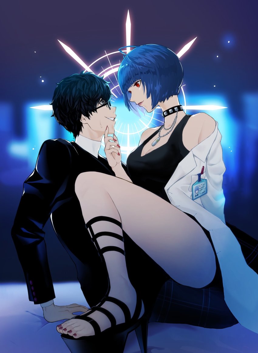 1boy 1girl amamiya_ren assertive_female bare_shoulders black-framed_eyewear black_dress black_eyes black_footwear black_hair black_jacket blue_hair bob_cut breasts buttons chain chain_necklace coat collar dress eye_contact fingernails gladiator_sandals glasses hand_on_another&#039;s_chin high_heels highres id_card igusaharu jacket jewelry lab_coat lips long_sleeves looking_at_another medium_breasts nail_polish necklace off_shoulder open_clothes open_coat pants parted_lips persona persona_5 pink_lips pocket red_eyes red_nails sandals school_uniform short_dress short_hair shuujin_academy_school_uniform sitting sitting_on_lap sitting_on_person smile sweatdrop takemi_tae teeth thighs