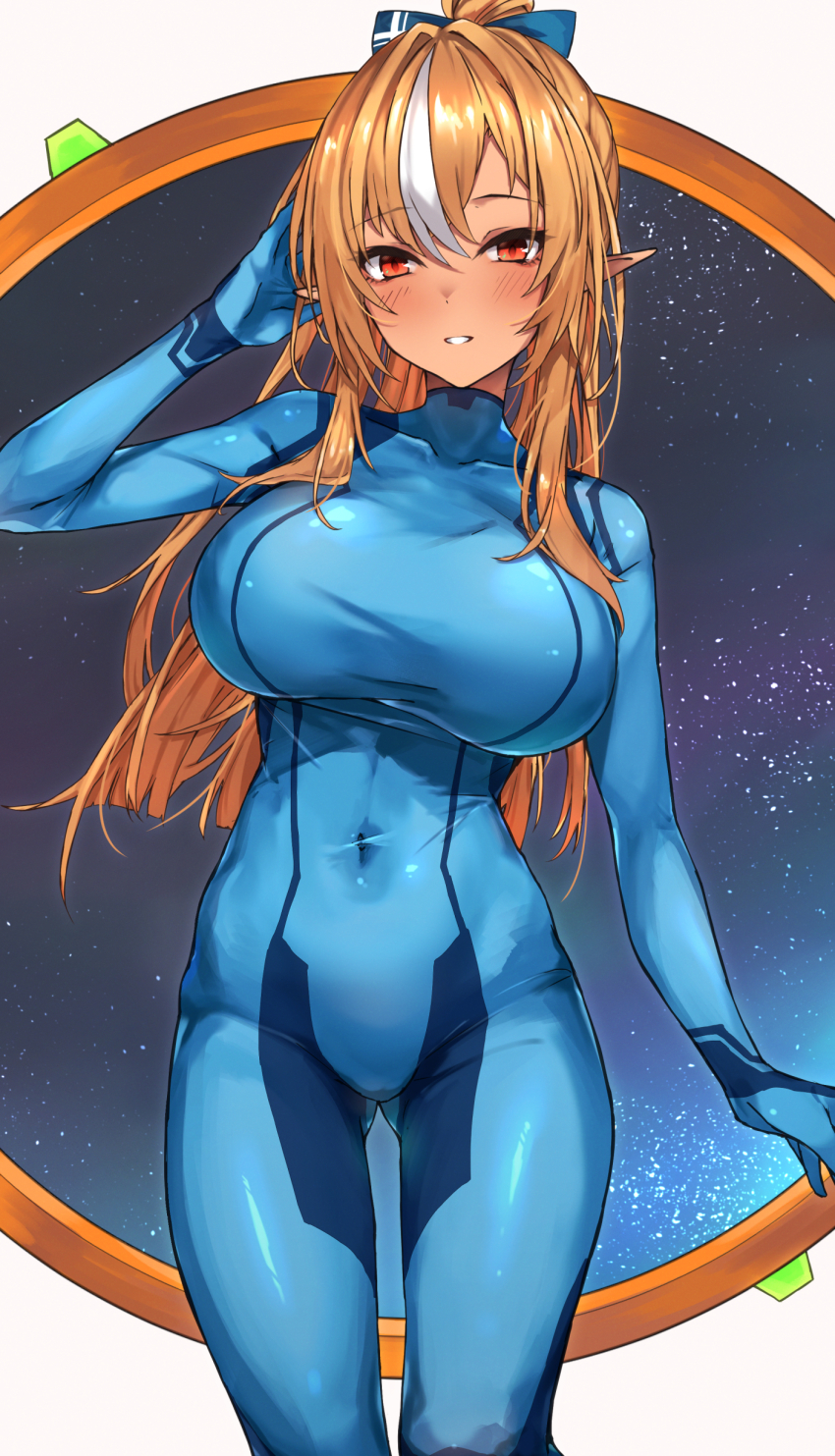 1girl absurdres blonde_hair blue_bodysuit blush bodysuit bow breasts cosplay covered_collarbone covered_navel dark-skinned_female dark_elf dark_skin elf gluteal_fold hair_between_eyes hair_bow hand_on_own_face hasumushi high_ponytail highres hololive large_breasts long_hair looking_at_viewer metroid multicolored_hair nintendo parted_lips pointy_ears ponytail samus_aran samus_aran_(cosplay) shiranui_flare solo streaked_hair taut_bodysuit virtual_youtuber white_hair zero_suit