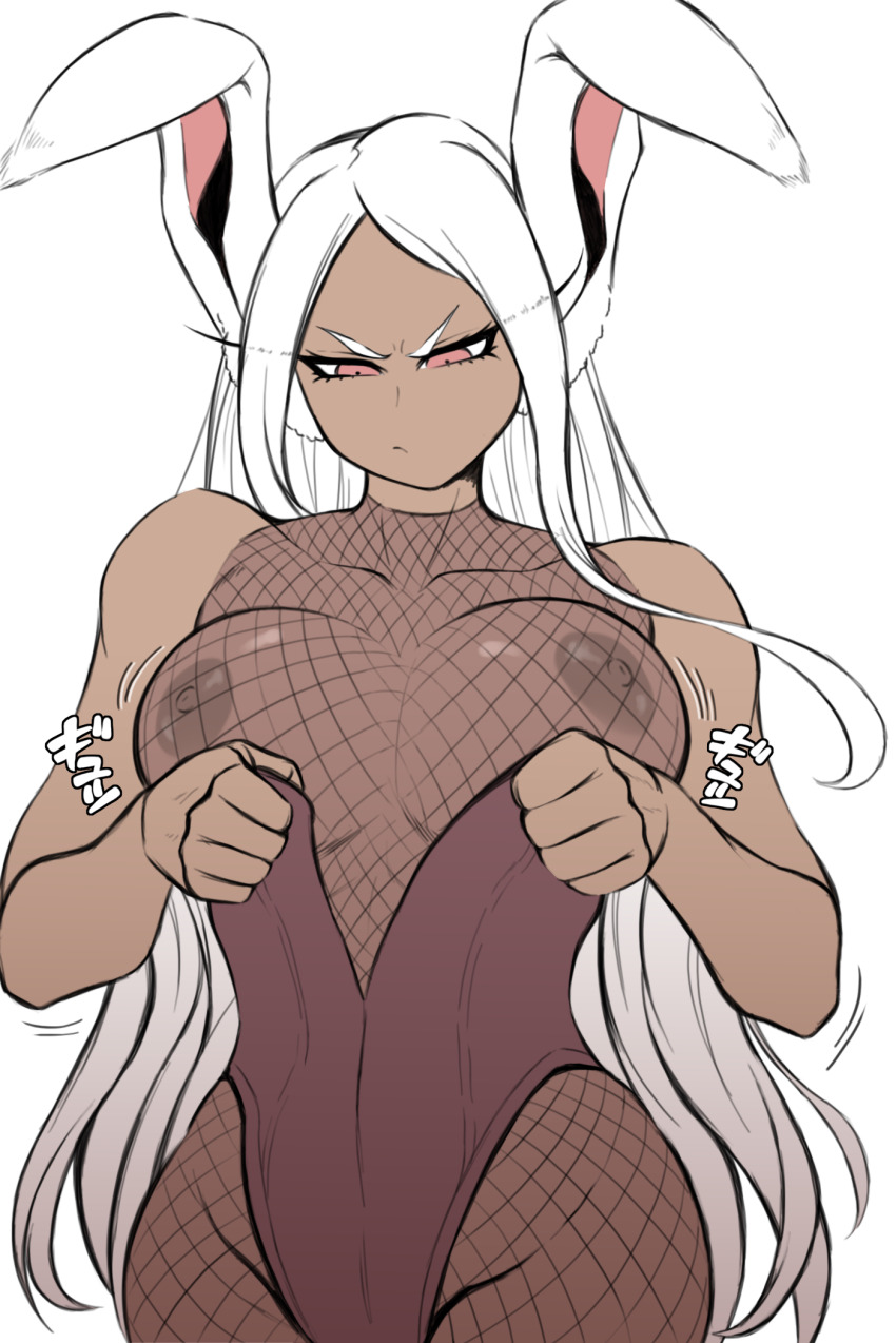 1girl angry boku_no_hero_academia breasts clothes_pull dark-skinned_female dark_skin fishnets highres kristallion large_breasts leotard long_eyelashes long_hair looking_down mesh mirko nipples rabbit_ears rabbit_girl red_eyes solo solo_focus squeezing white_hair