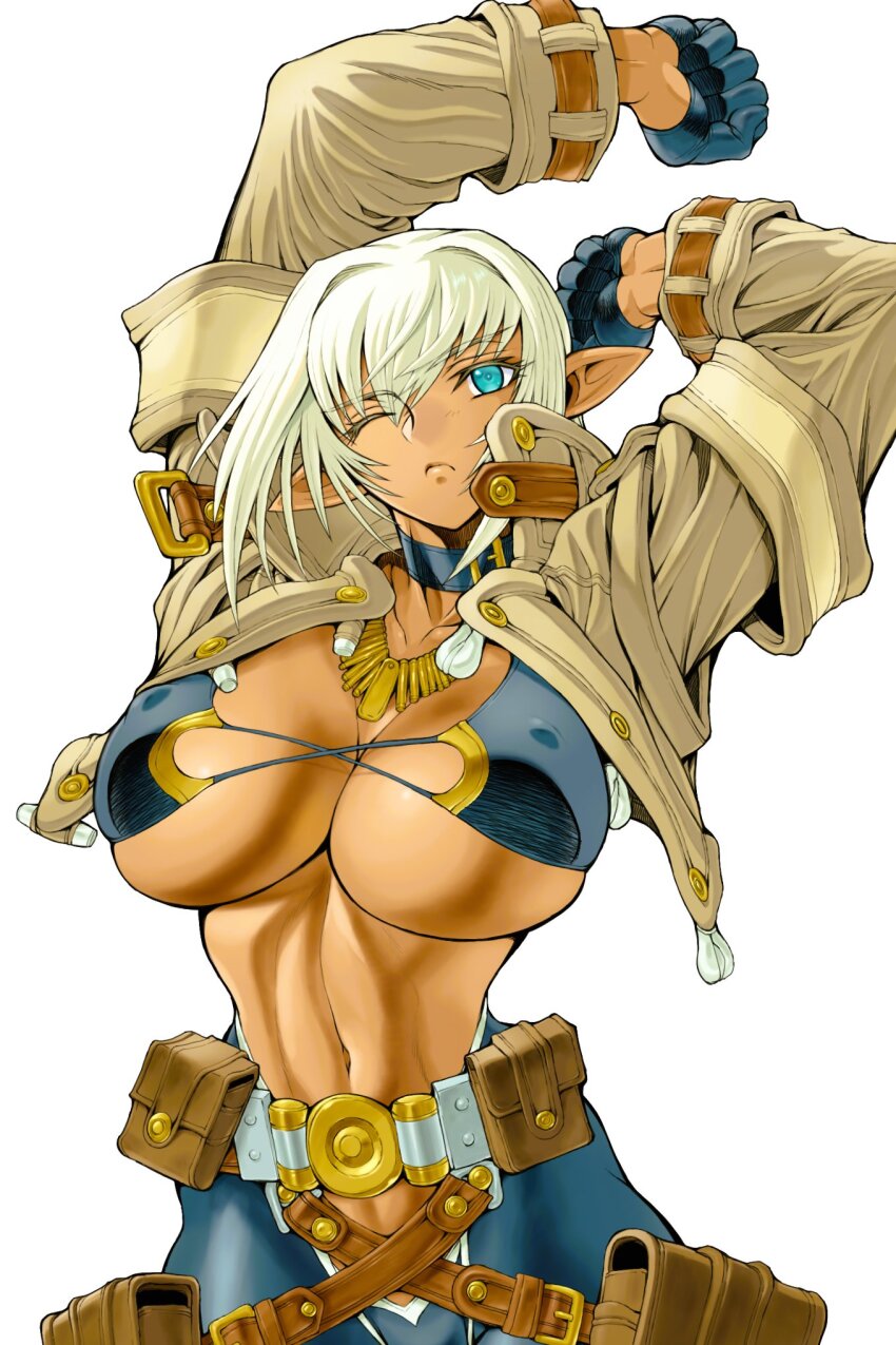 1girl arms_up belt_pouch black_gloves blue_eyes breasts brown_jacket closed_mouth covered_erect_nipples cropped_jacket dark-skinned_female dark_elf dark_skin elf gloves highres jacket jill_(kasaki_yoshihiko) kasaki_yoshihiko large_breasts navel one_eye_closed open_clothes open_jacket original pointy_ears pouch short_hair simple_background solo stomach stretching white_background white_hair