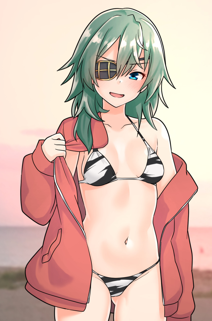 1girl bikini blue_eyes breasts cowboy_shot eyepatch furaggu_(frag_0416) green_hair hair_between_eyes highres jacket kantai_collection kiso_(kancolle) kiso_(saury_festival)_(kancolle) kiso_kai_ni_(kancolle) kiso_kai_ni_(swimsuit_mode)_(kancolle) long_sleeves medium_hair navel open_clothes open_jacket red_jacket small_breasts solo standing swimsuit