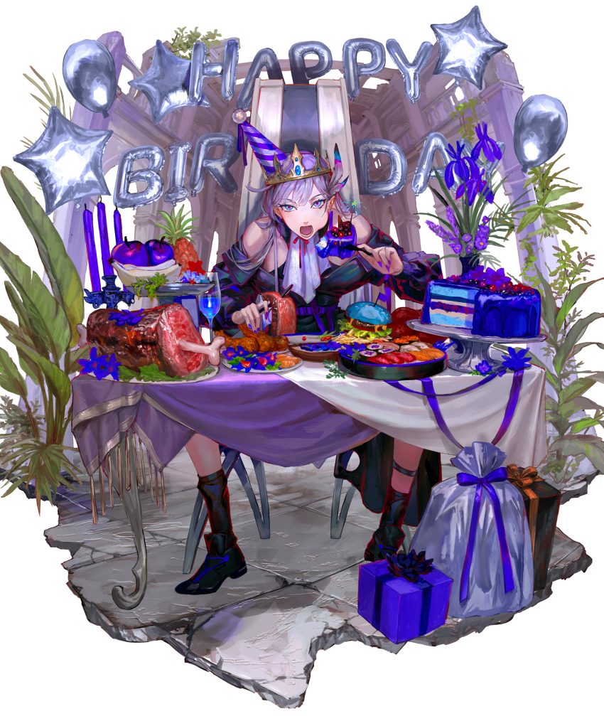 1girl apple balloon bare_shoulders boned_meat burger cake candle chicken_(food) chicken_leg crown cup eating egawa_akira feathers flower food fried_chicken fruit gift happy_birthday highres meat pineapple plant socks sushi tablecloth vesperbell yomi_(vesperbell)