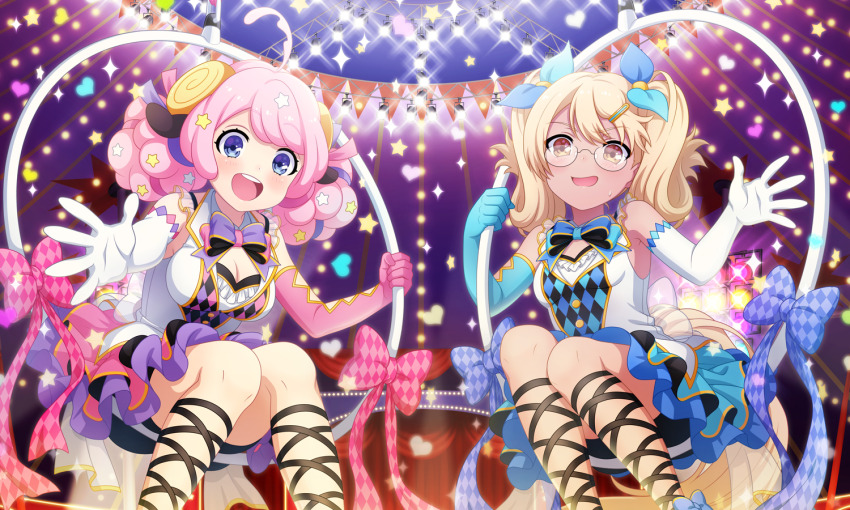 2girls :d ahoge animal_ears artist_request asymmetrical_gloves blonde_hair blue_bow blue_bowtie blue_eyes blue_gloves blue_skirt bow bowtie breasts brown_eyes cleavage dog_tail elbow_gloves feet_out_of_frame flying_sweatdrops glasses gloves hair_ornament hair_ribbon hairpin heart horns knees_together_feet_apart leg_ribbon looking_at_viewer medium_breasts medium_hair mismatched_gloves moa_(show_by_rock!!) multiple_girls official_alternate_costume official_alternate_hairstyle official_art open_mouth pink_bow pink_gloves pink_hair pink_skirt purple_bow purple_bowtie retoree_(show_by_rock!!) ribbon round_eyewear sheep_ears sheep_girl sheep_horns shirt show_by_rock!! sitting skirt small_breasts smile sparkle star_(symbol) star_hair_ornament swept_bangs tail third-party_source twintails white_gloves white_shirt