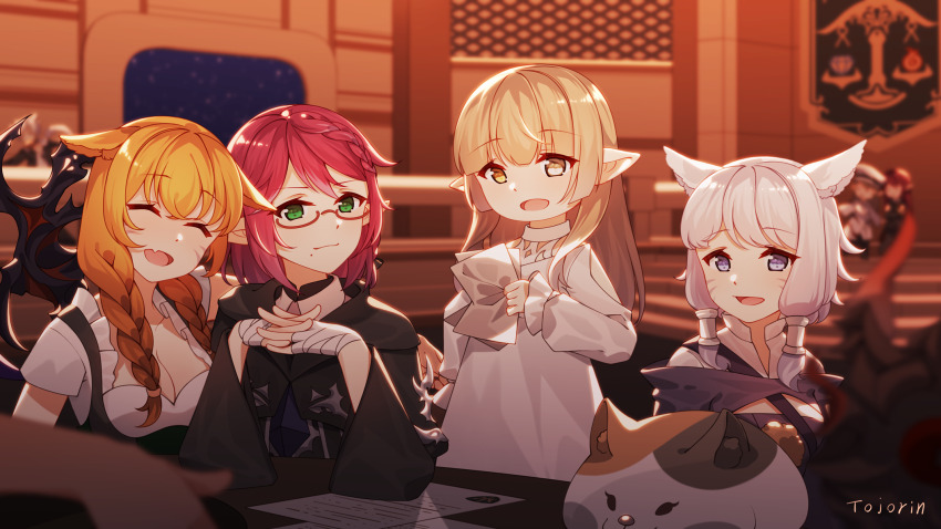 4girls :d animal_ears arm_on_another&#039;s_shoulder artist_name bandaged_hand bandages braid brown_eyes cat_ears cat_girl dress elezen elf fang final_fantasy final_fantasy_xiv glasses heterochromia highres holding holding_paper interlocked_fingers lalafell long_hair medium_hair miqo&#039;te multiple_girls open_mouth paper pointy_ears short_hair sidelocks skin_fang smile tojorin twin_braids warrior_of_light_(ff14) white_dress white_eyes